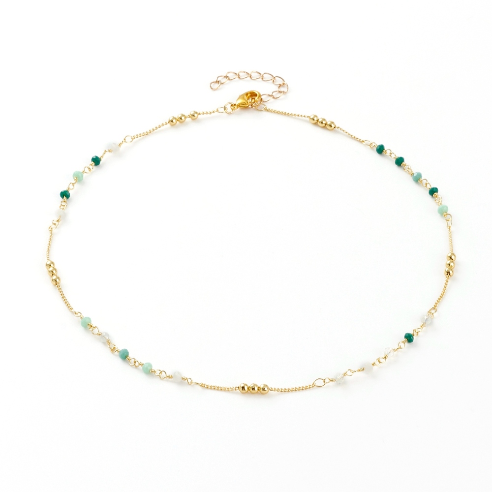 Collier chaîne plaquée or 18k, avec perles colorées à facettes, 39,7cm + chaîne de réglage