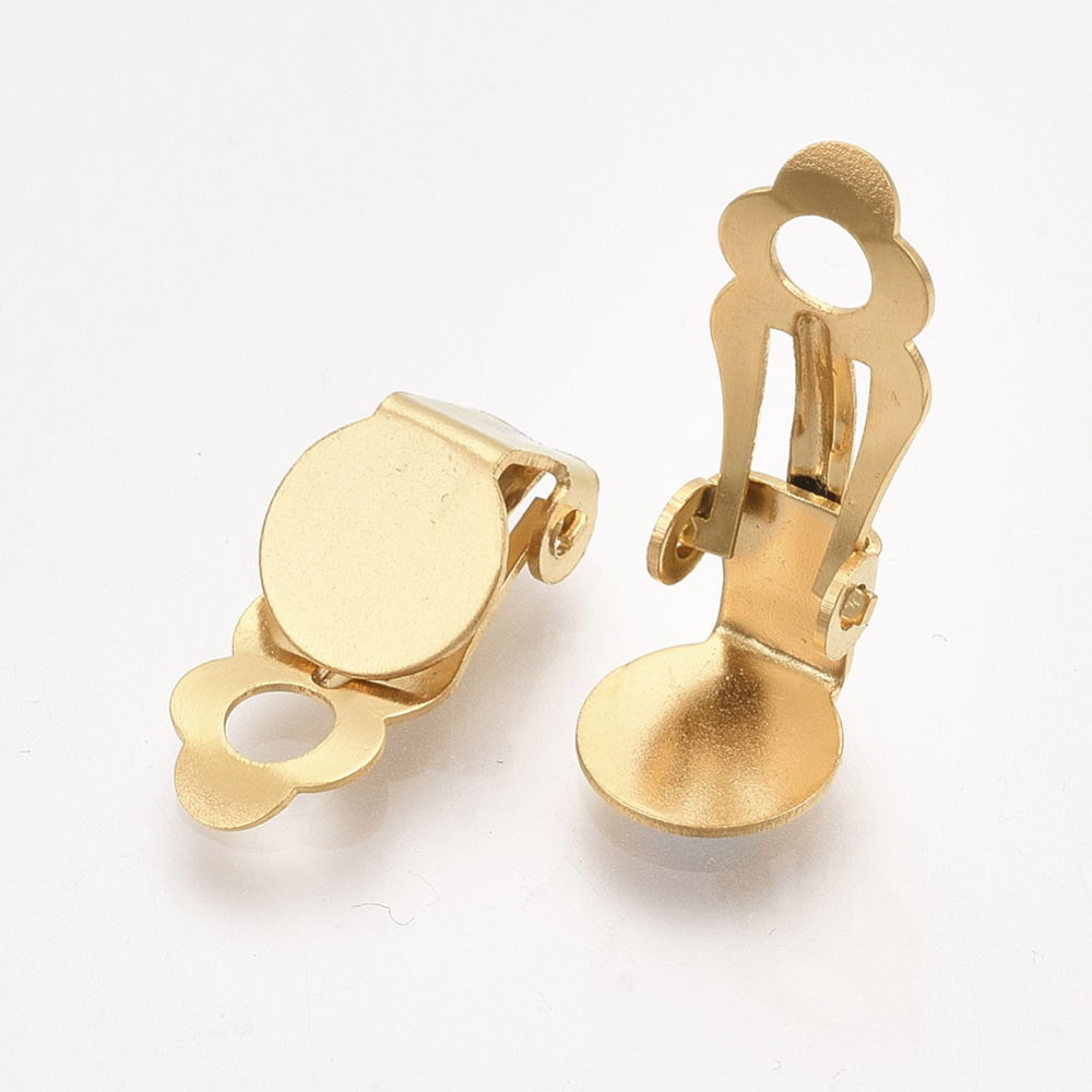 Boucle d'oreille clip/pince INOX doré, plat rond, plateau 8mm, 18x8x6mm, trou 3mm, l'unité