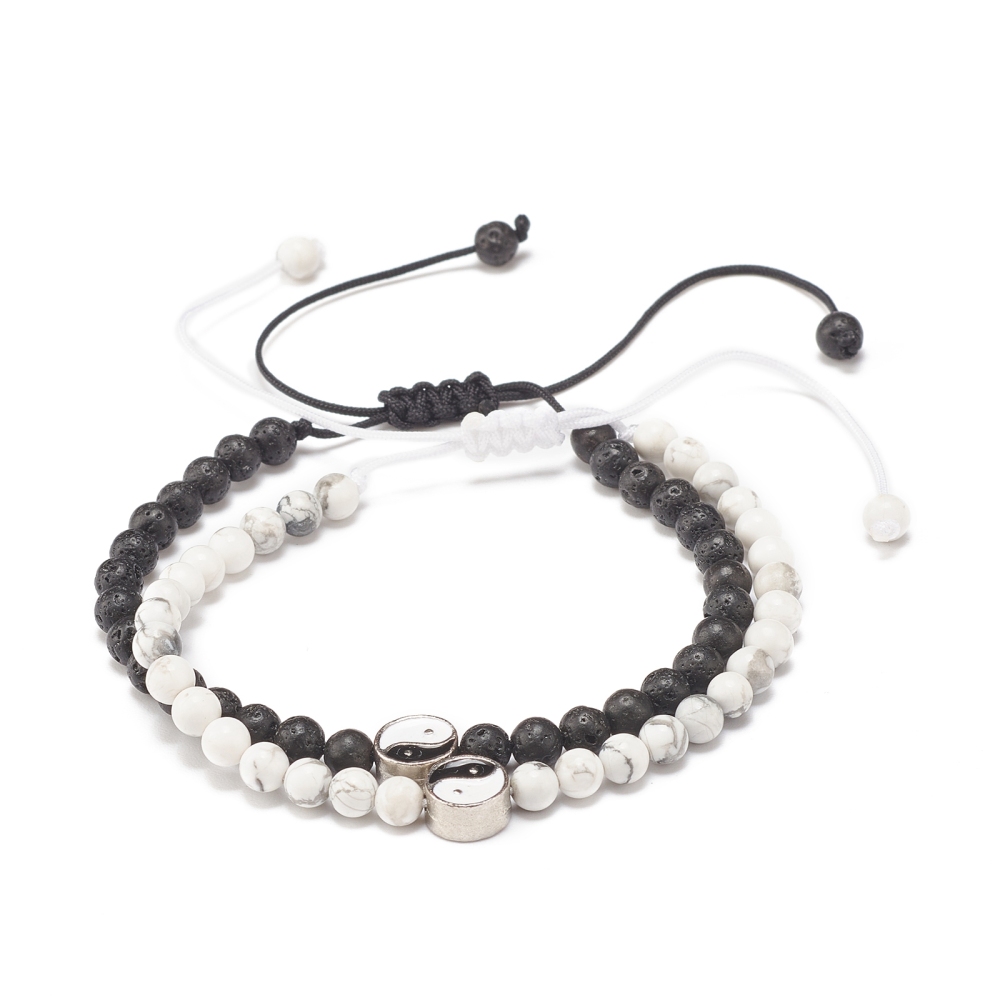 Duo de bracelets en Pierre de lave ou Howlite blanche, avec symbole yin et yang, fermeture par tissage macramé