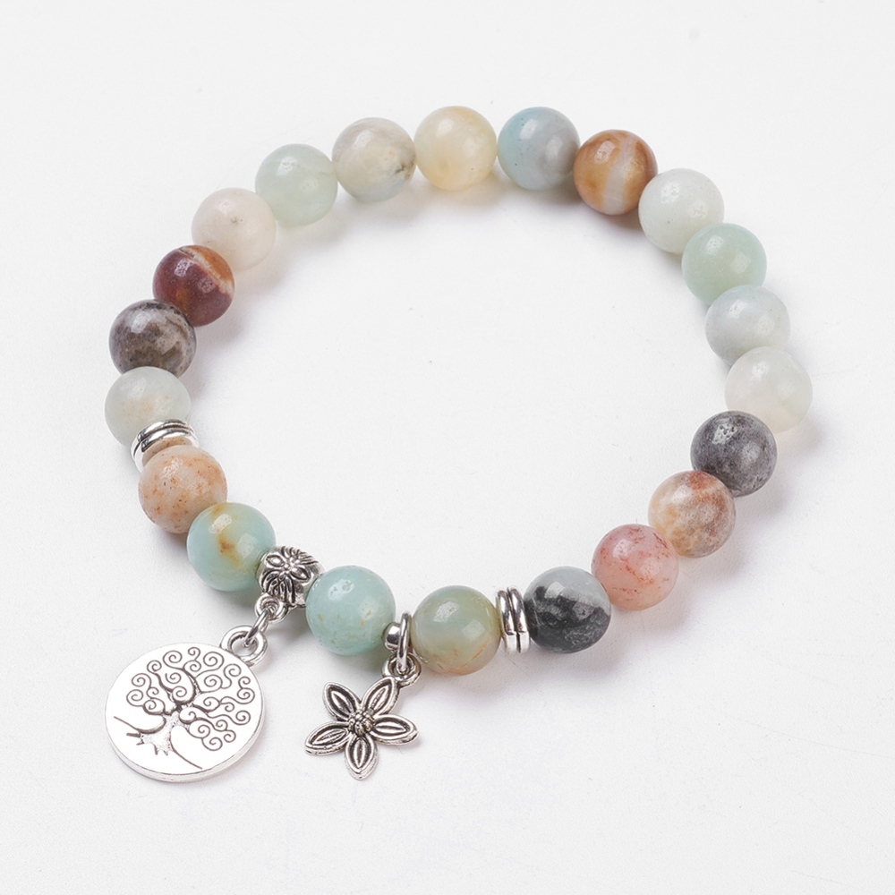 Bracelet en Amazonite, pendentifs fleur et arbre de vie, diam 5cm