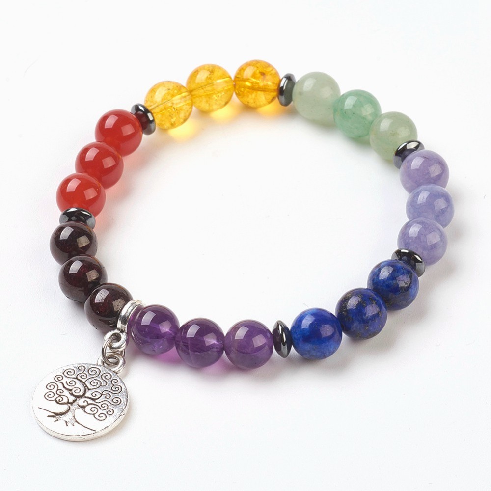 Bracelet Chakra, 7 pierres naturelles et pendentif arbre de vie, diam 5.5cm