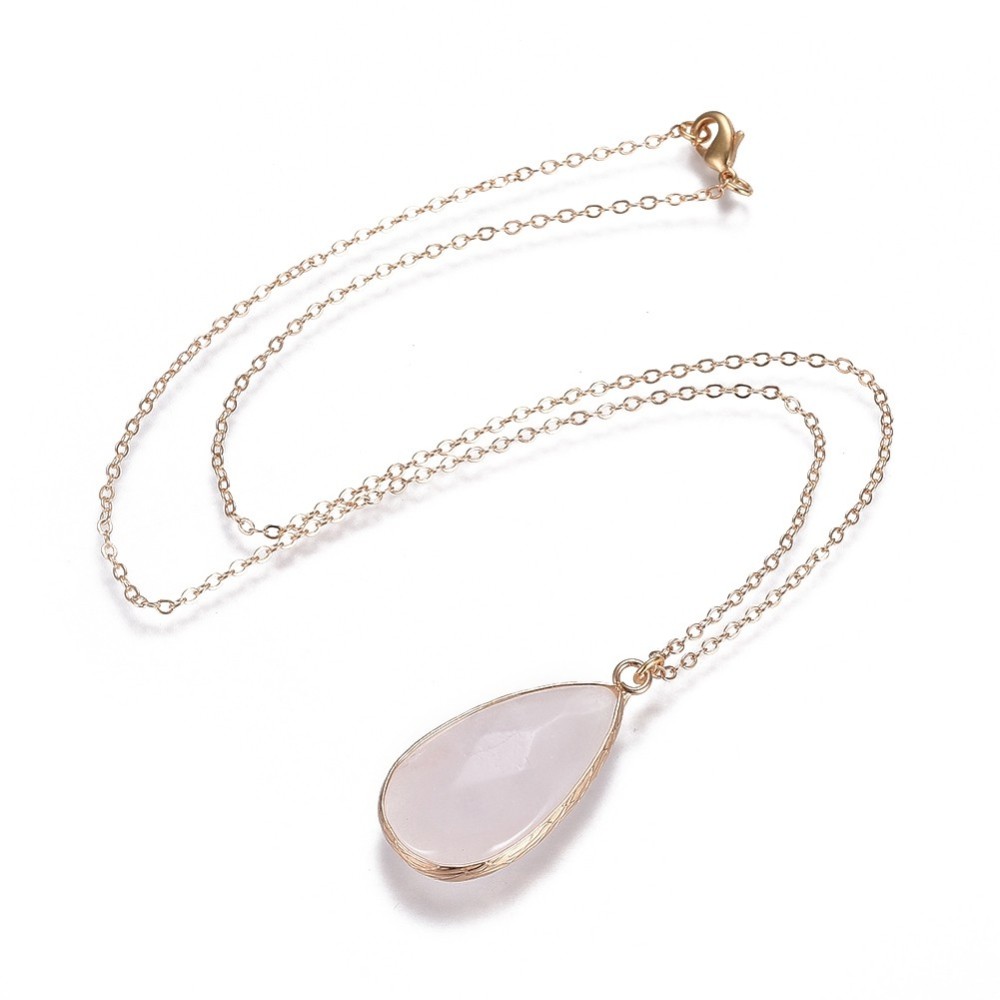 Collier plaqué or, pendentif en quartz rose, 43cm