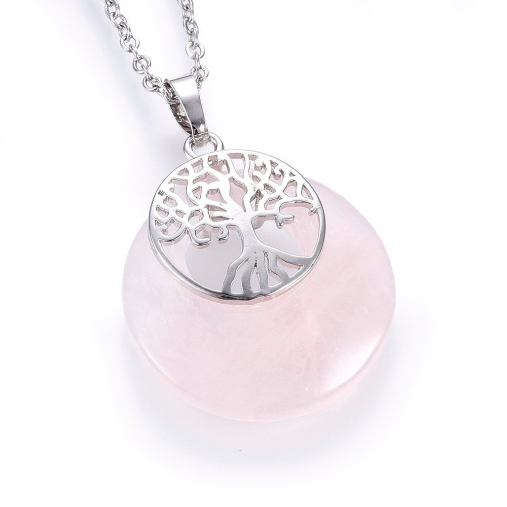 Collier INOX argenté, pendentif en quartz rose 40x28x6mm, collier 50cm