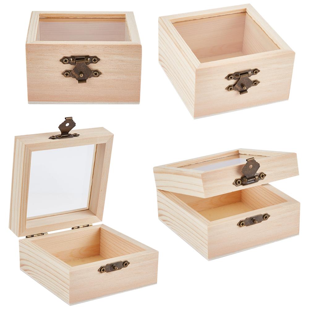 Boite coffret en bois, couvercle transparent, 9x8.5x4.8cm