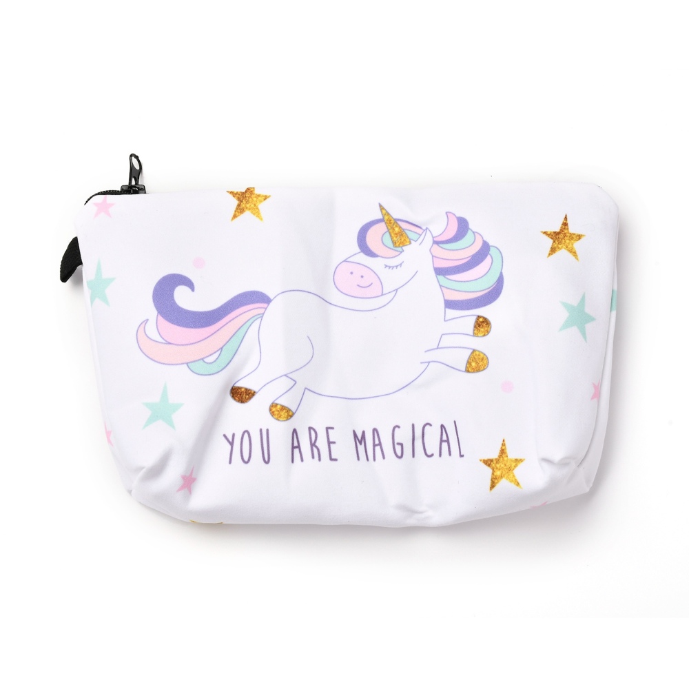 Trousse en polyester zippée, motif licorne sur fond blanc, rectangle, 14.4x21.7x2.1cm*