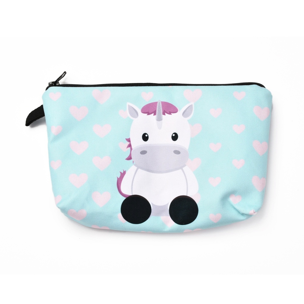 Trousse en polyester zippée, motif vache sur fond bleu, rectangle, 14.4x21.7x2.1cm