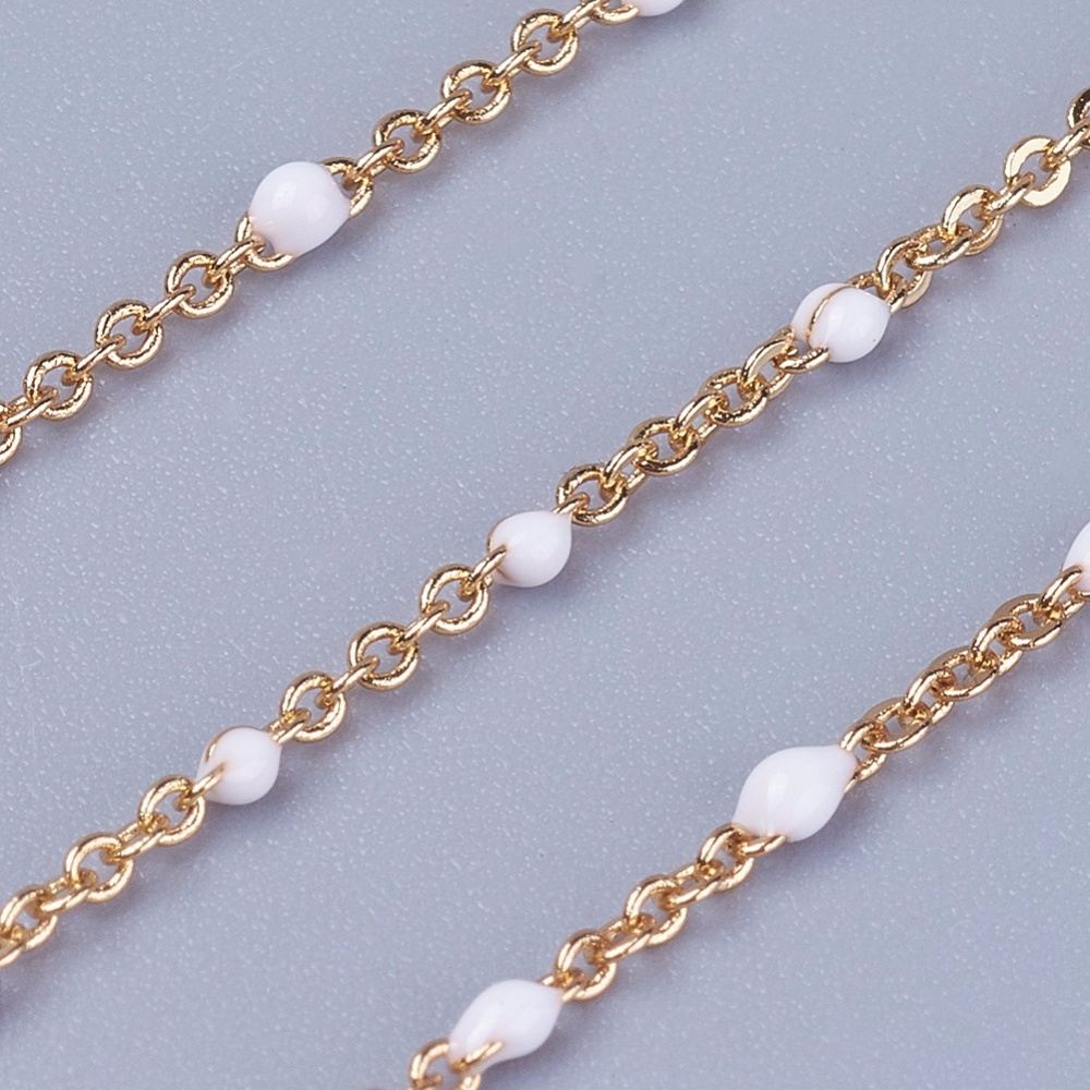 Chaîne en laiton doré plaqué or 18k, avec perles blanches, 1.5mm, au mètre