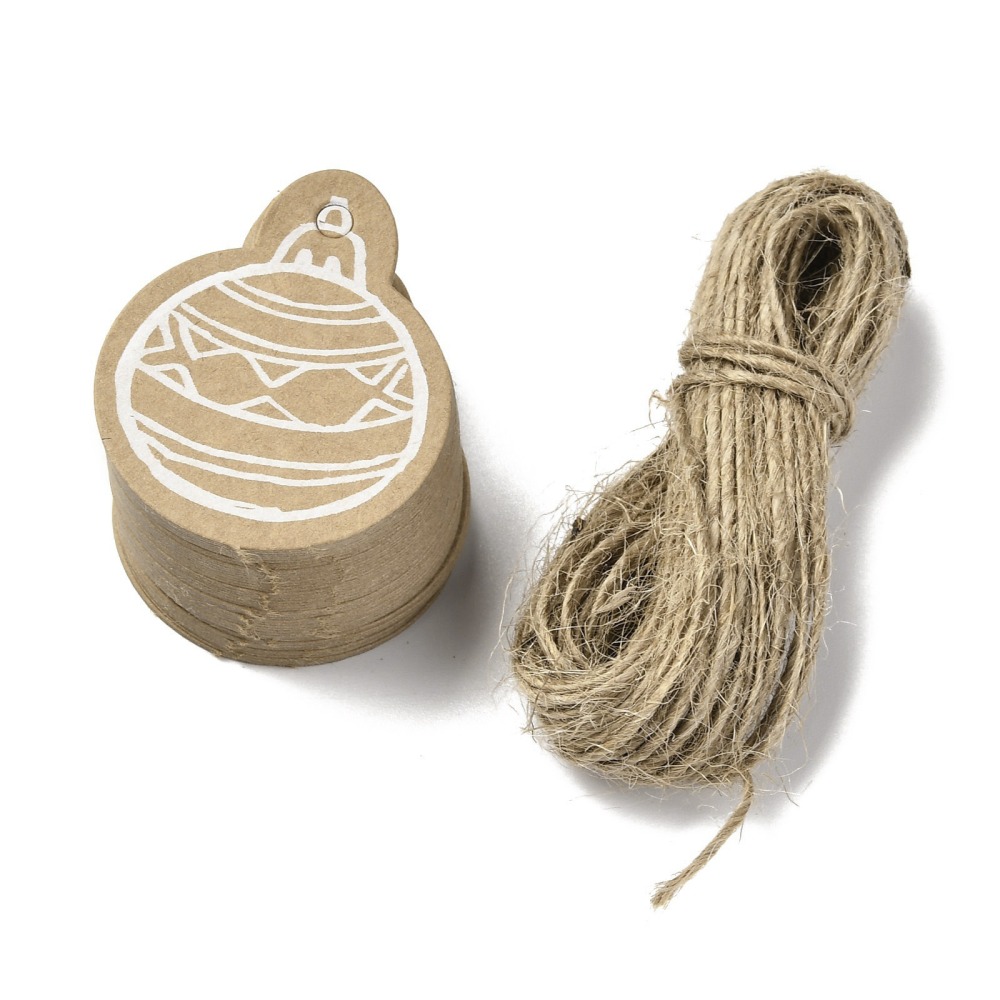 [CDIS-L008-A03] Etiquettes en carton "boules de noël", rond 40x0,5mm, vendues avec ficelle de jute,10 pcs