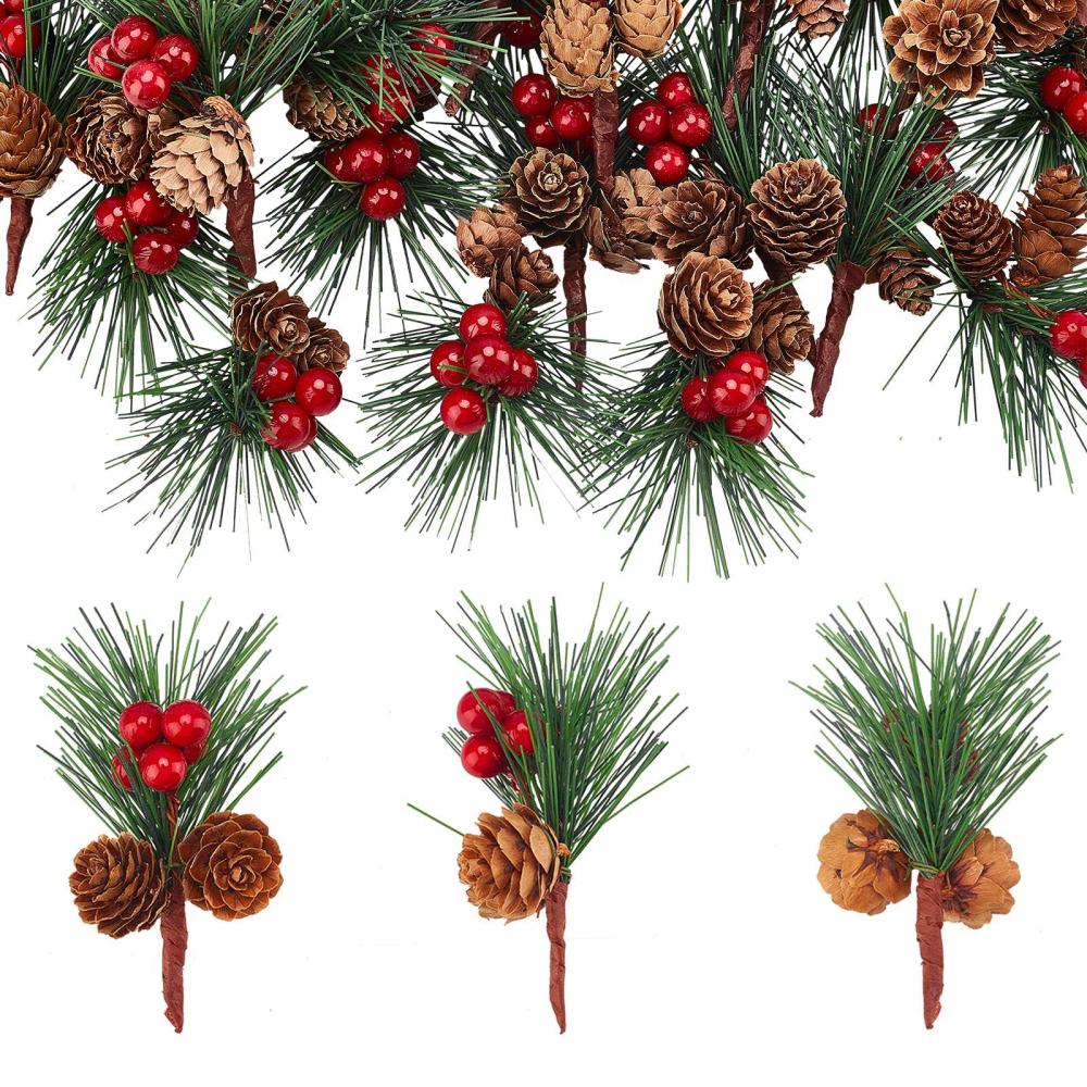 Branches de sapin de Noël artificielles, avec pommes de pin et baies rouges, 105x70x60mm