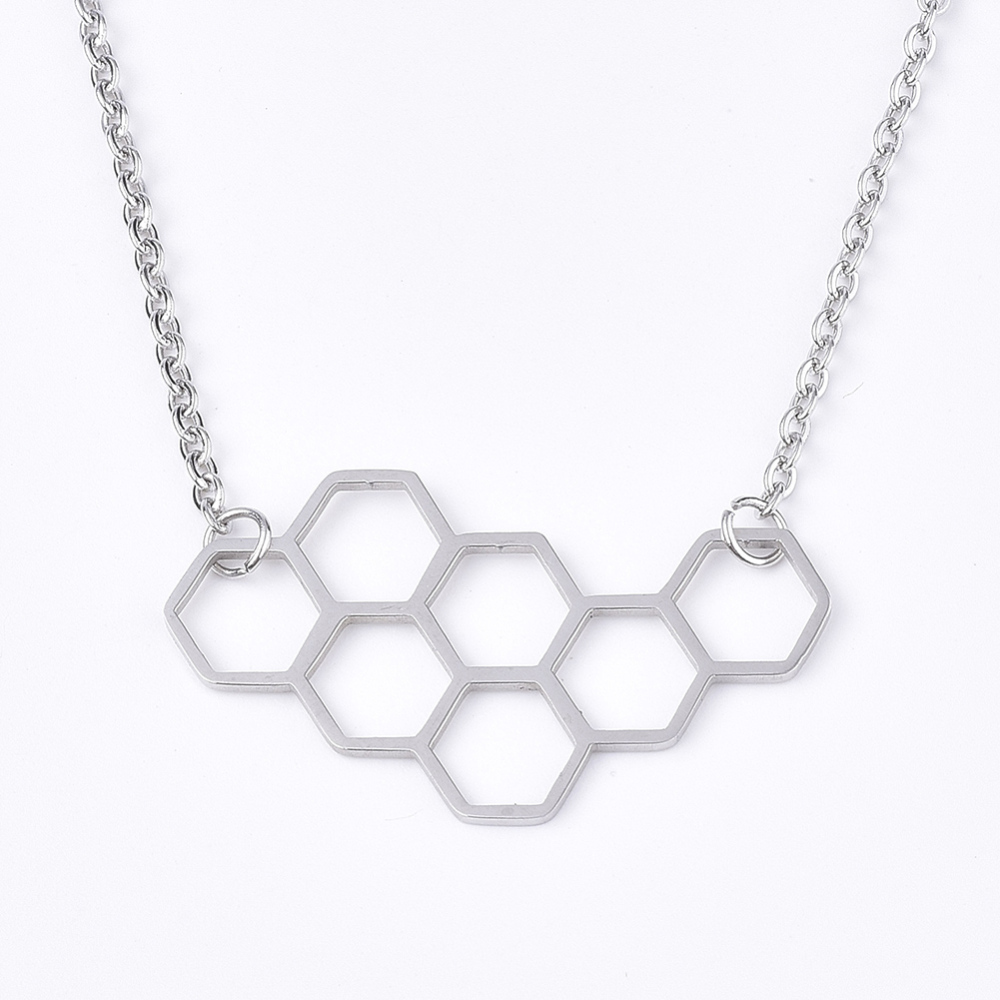 Collier chaîne INOX argenté avec pendentif nid d'abeille, 45cm