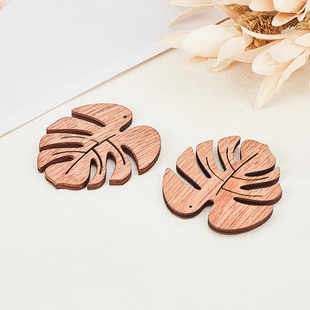 Pendentif bois, feuille monstera, 50x45x3mm