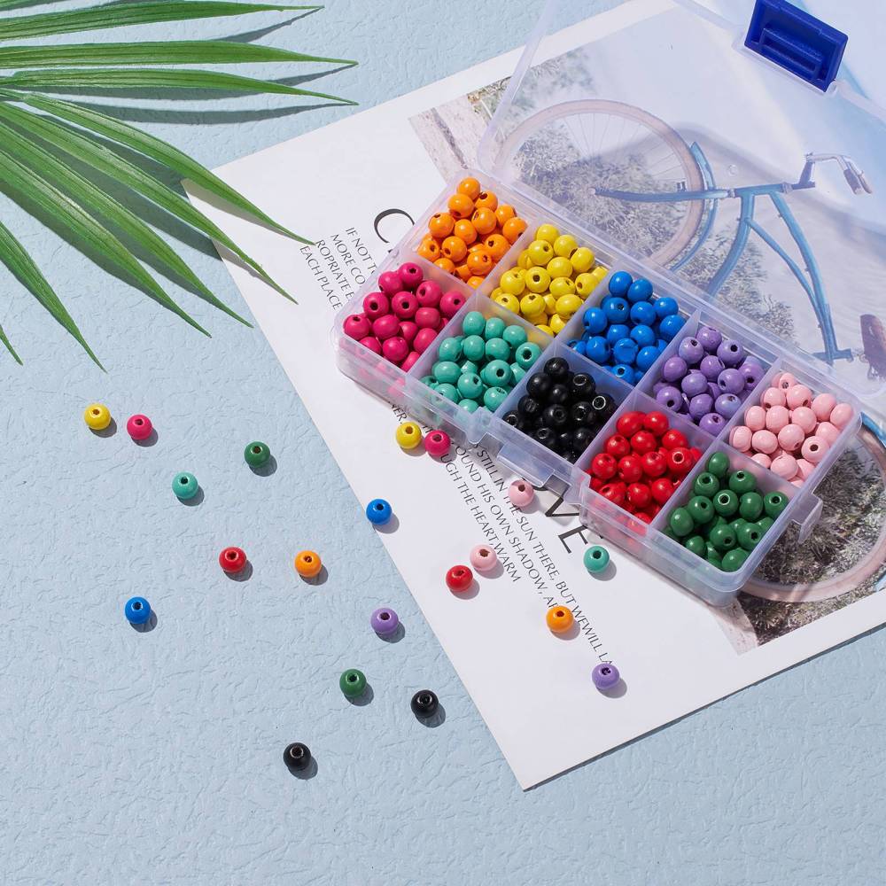[WOOD-PH0008-03] Kit de perles en bois colorées, 7x6mm, trou 2mm, env. 500 pièces