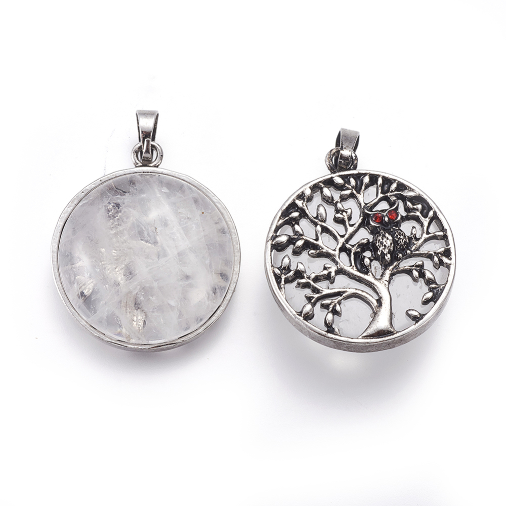 Pendentif arbre de vie et hibou, laiton argenté et strass, 31x27x10~11mm, Trou: 5x7mm, sur cristal de quartz