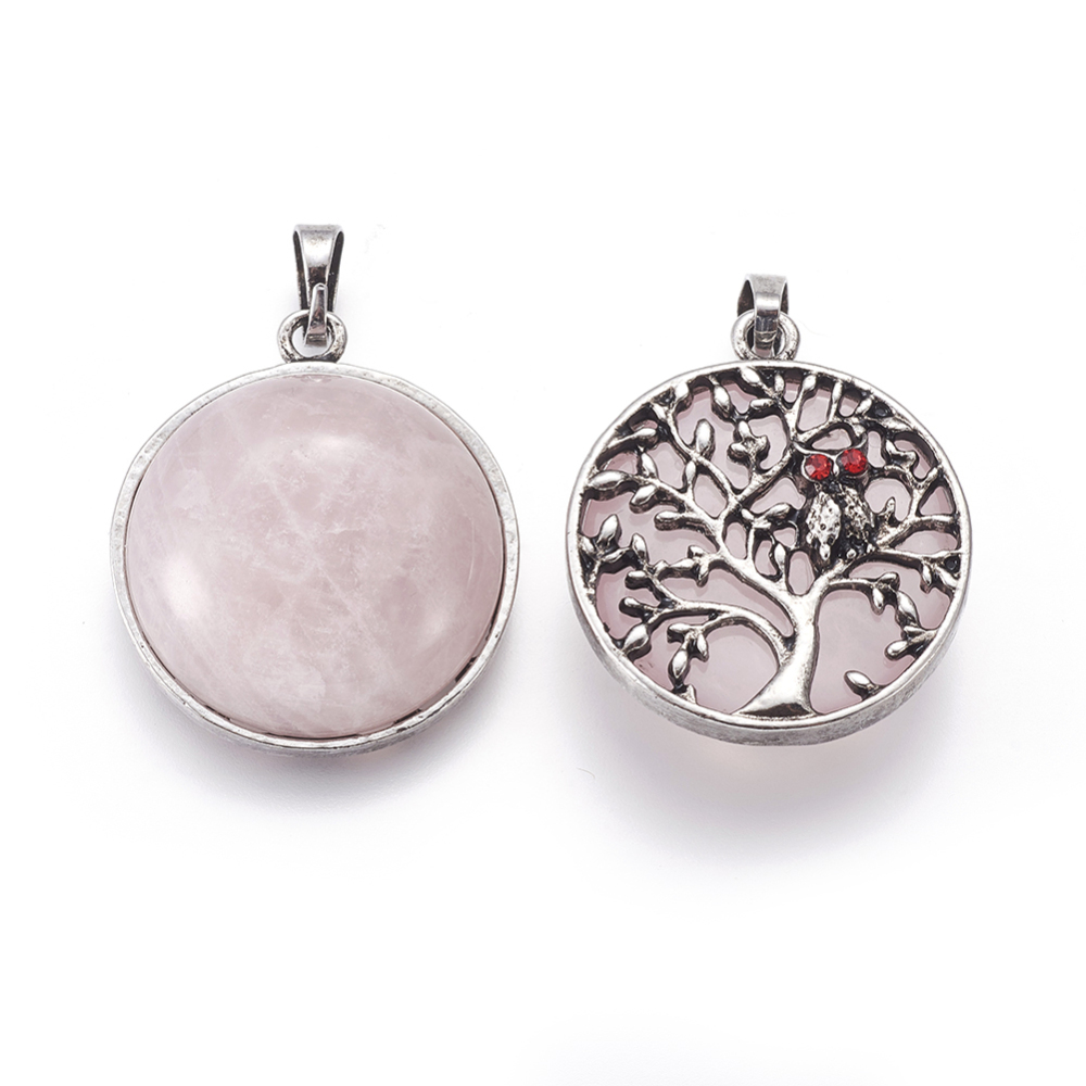 Pendentif arbre de vie et hibou, laiton argenté et strass, 31x27x10~11mm, Trou: 5x7mm, sur quartz rose