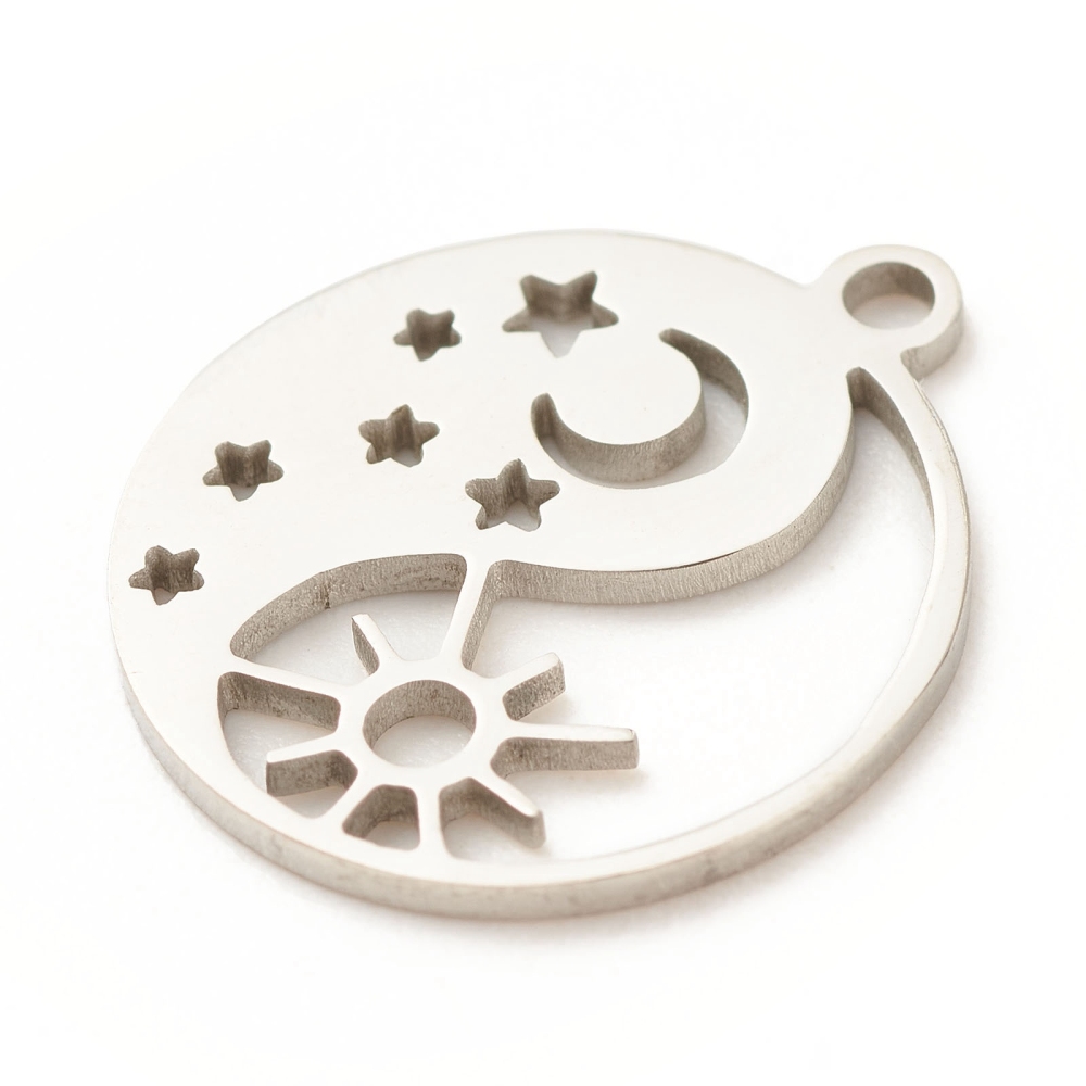 Pendentif INOX argenté,  lune, étoile et soleil formant un Yin&amp;Yang, 17x14,5x1mm, trou 1,5mm