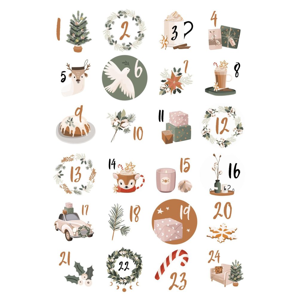 [STIC-PW0003-82W] Stickers autocollants calendrier de l'avent, nombres 1 à 24, diam 45mm x 24 pièces