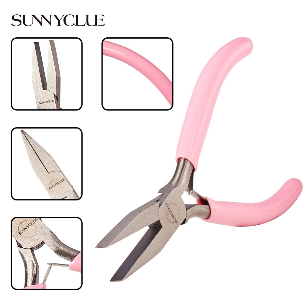 Pince à bijoux en acier au carbone, bec lisse et plat, manche rose, 12,8x7,6x0,9cm, l'unité