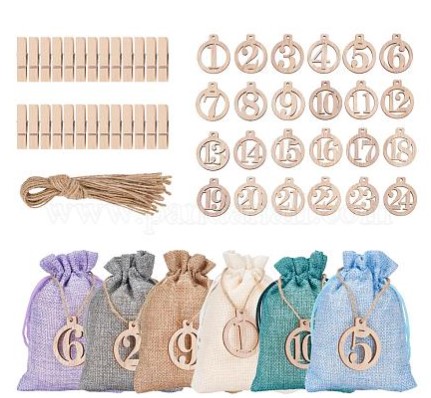 Calendrier de l'avent durable à construire, 24 sacs en toile de jute, pinces et numéros en bois