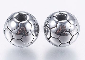 Perle INOX argenté, ballon de foot, diam 8mm trou 1.5mm