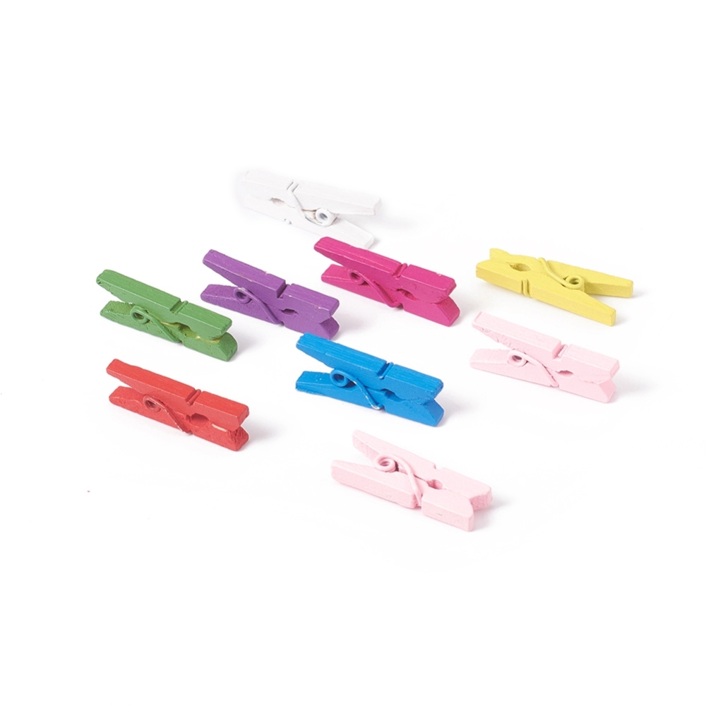 Sachet pinces à linge, en bois, coloris mixtes, 25x7.5x5.5mm x100 pièces