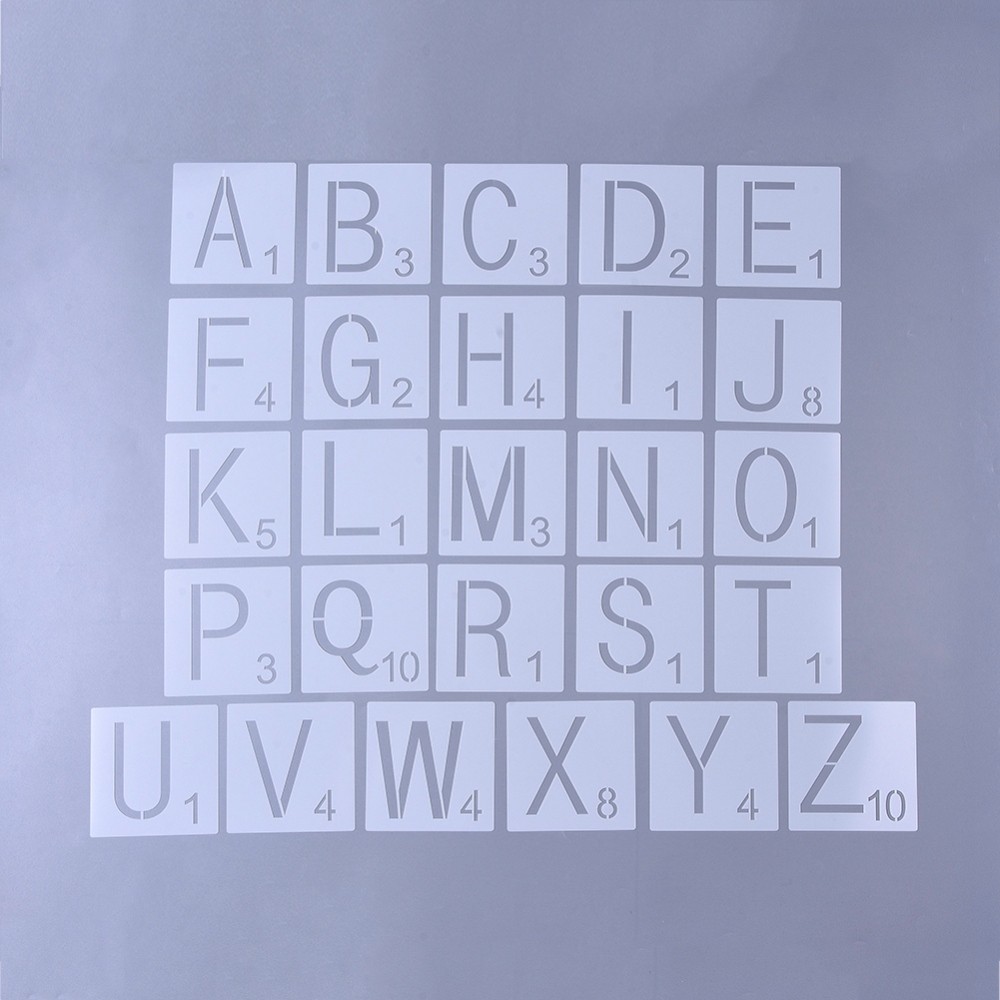 Pochoirs lettres, 26 pièces de l'alphabet + chiffres, 101x101x0.3mm