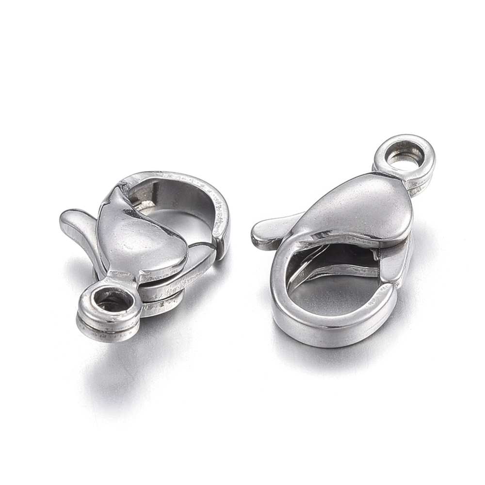 Fermoirs homard INOX argenté, 12x7,5x3,5mm, trou 1,4mm, x 20 pièces