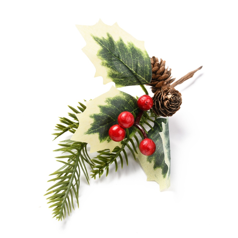 [DIY-P018-E01] Branche de sapin de Noël artificielle, avec pommes de pin et baies rouges, 205mm