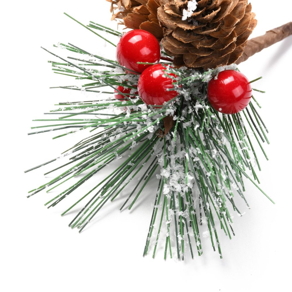 Branche de sapin de Noël artificielle, avec pommes de pin et baies rouges, 120mm