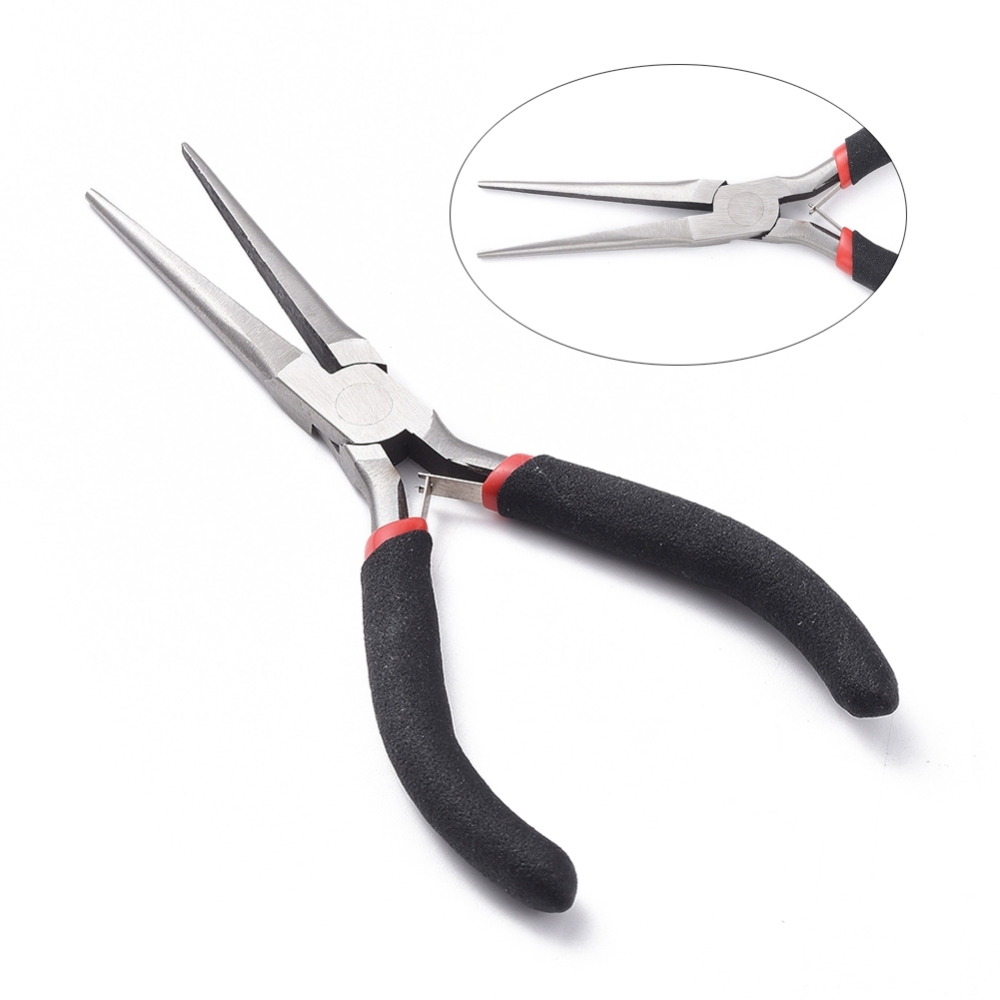 Pince à bijoux en acier au carbone, bec plat + lisse + long, manche noir, 15cm, l'unité