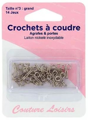 Crochets à coudre, agrafes et portes, laiton nickelé inoxydable, taille n°3 : grand, x14