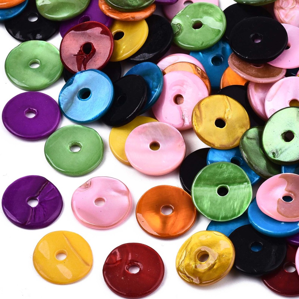 Perle Nacre teintée, forme heishi, différents coloris, 15x2mm, trou 2.5mm