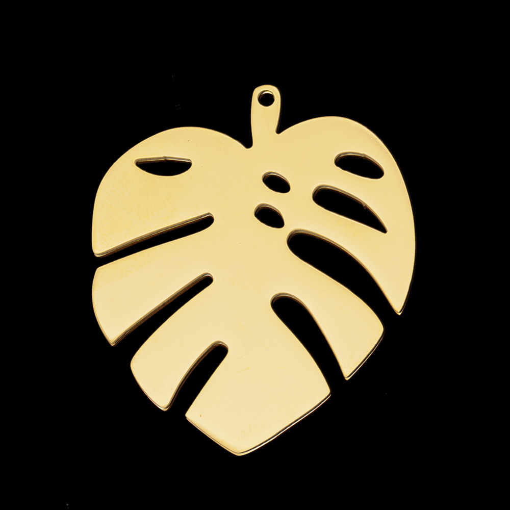 Pendentif INOX doré, feuille de monstera, 39x33x1mm, Trou: 1.5mm