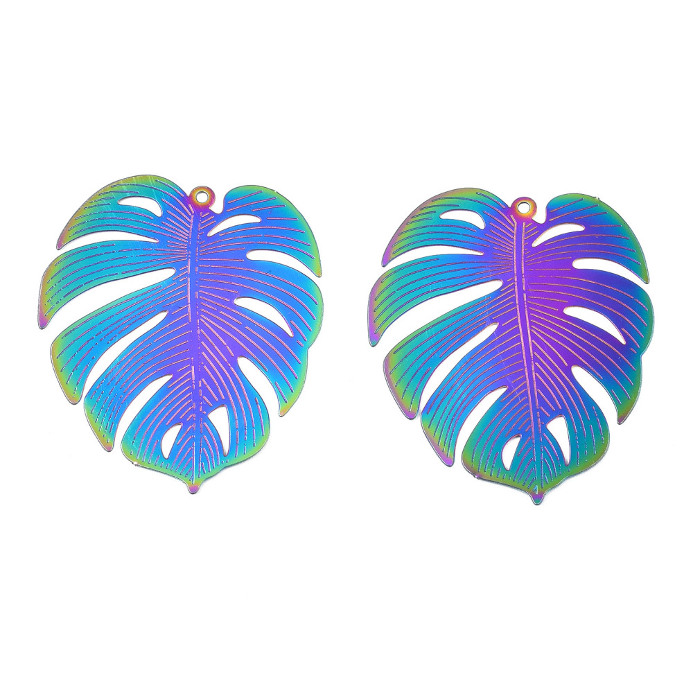 Pendentif, INOX, multicolor, feuille de monstera, 39.5x34x0.2mm, Trou: 1.2mm