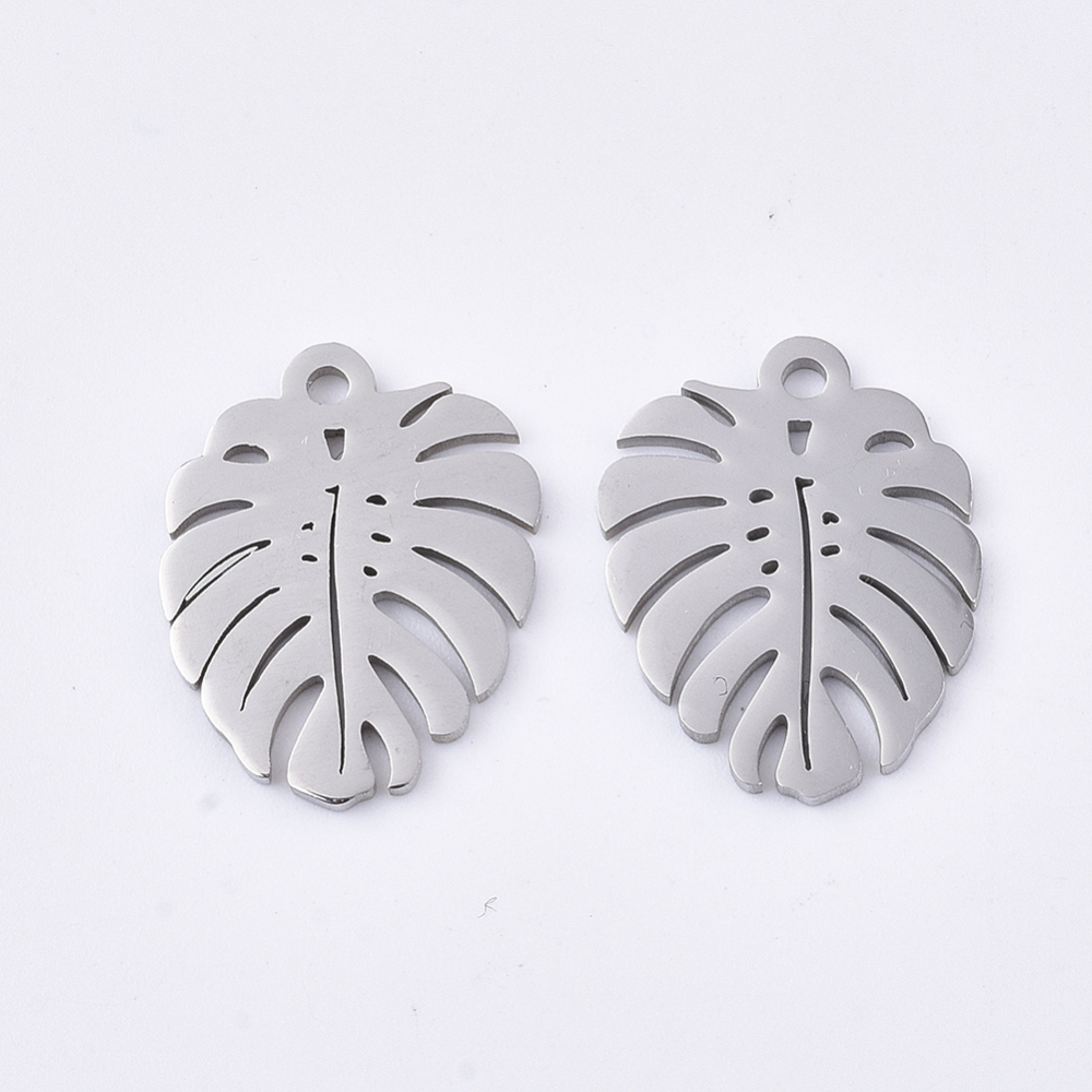 Pendentif INOX argenté, feuille de monstera 17x13x1mm, trou 1,4mm