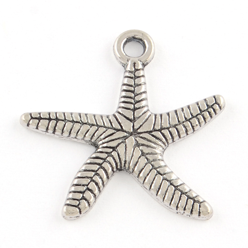Pendentif en laiton couleur argent antique, étoile de mer, 24x24x2mm, trou 2mm, l'unité