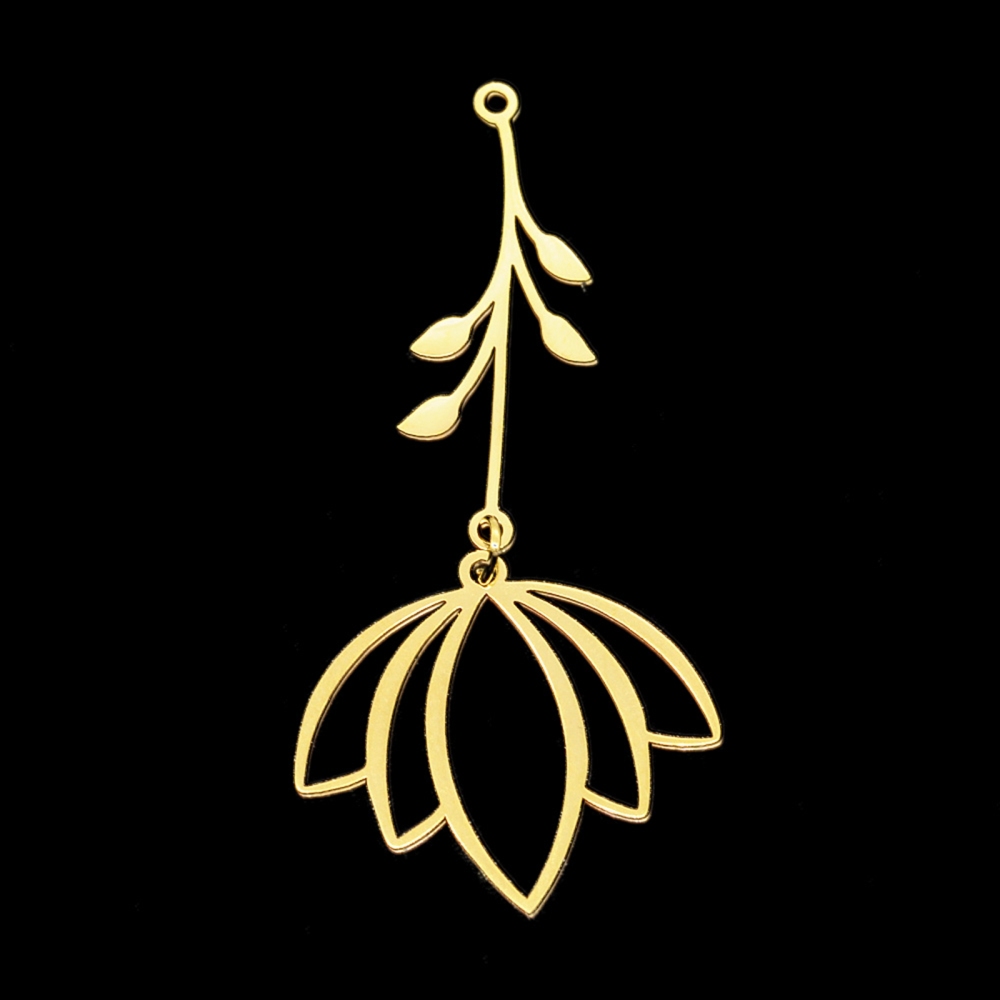 Pendentif INOX doré, lotus et feuilles, 53mm, trou 1,4mm