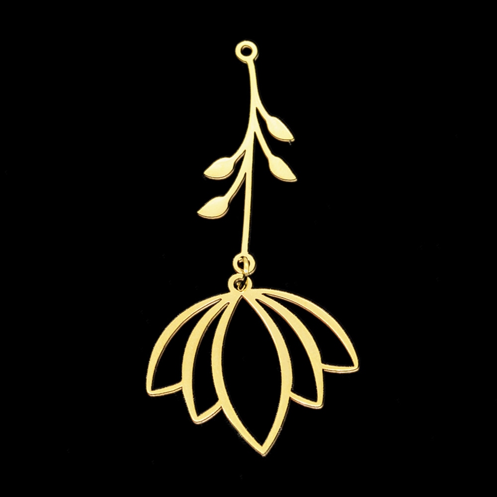 Pendentif INOX doré, lotus et feuilles, 53mm, trou 1.4mm