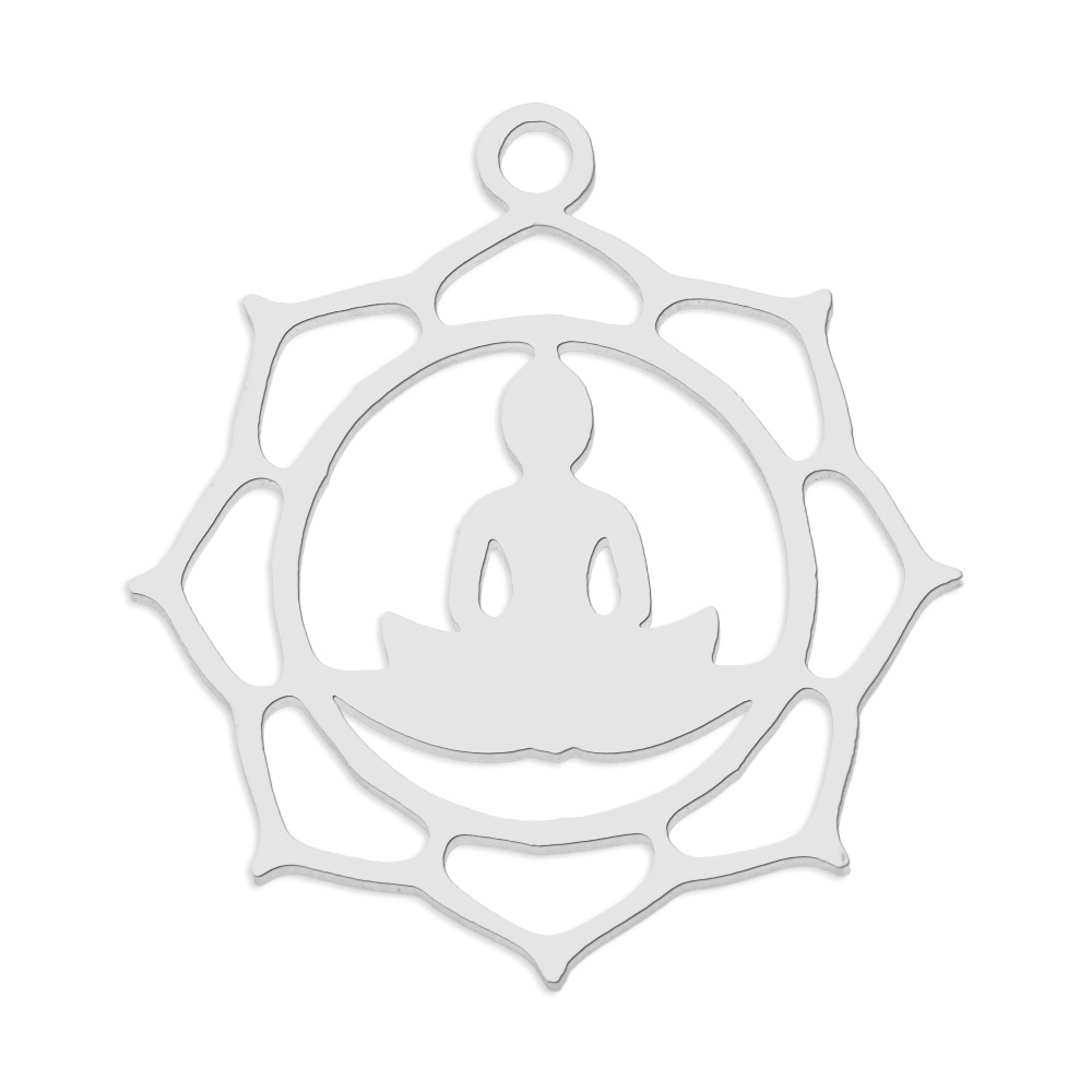 Pendentif INOX argenté, yoga, bouddha, 21,5x19,5x1mm, trou 1,5mm