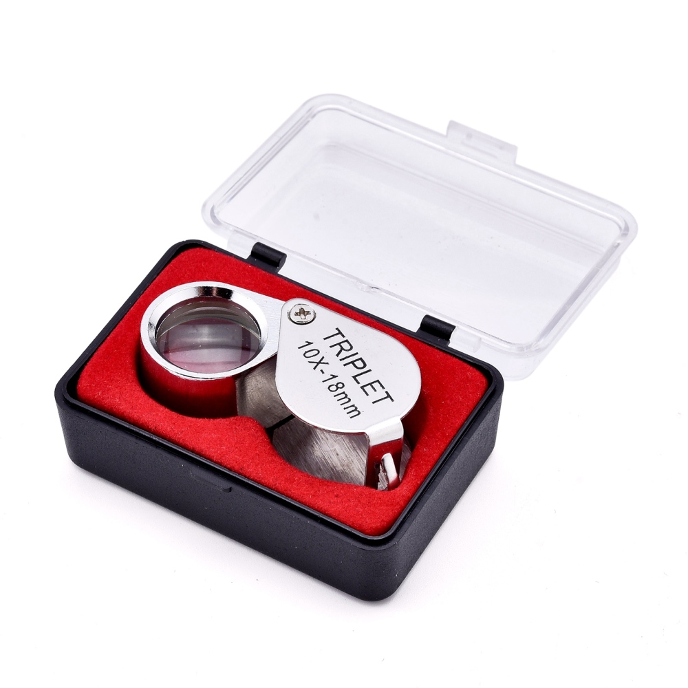 Loupe a bijoux pliable en INOX, grossissement x10, 5.1x2.05x1.8 cm, repliée : 3.1x2.05x1.8 cm