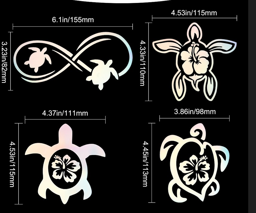 Stickers autocollants imperméables, résistants aux UV, tortues&hibiscus, 4 motifs et 3 couleurs au choix
