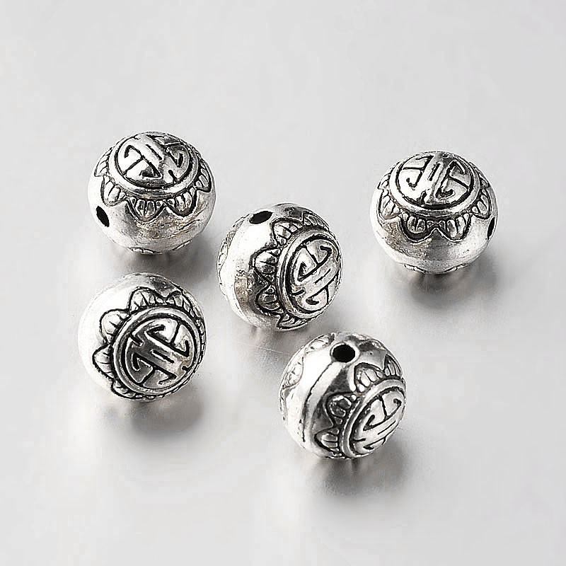 Perle style tibétain en alliage argent, ronde, 10mm trou 1mm