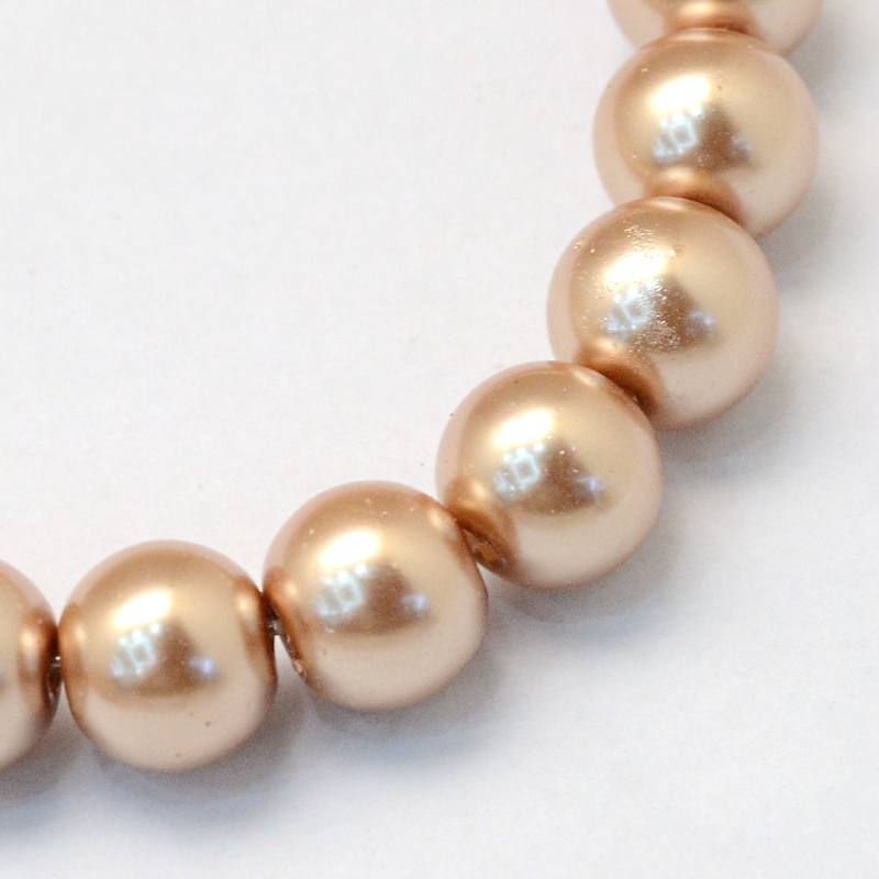 Perles imitation nacre ronde et nacrée, 8mm, couleur or rose, brin de 105 perles env.
