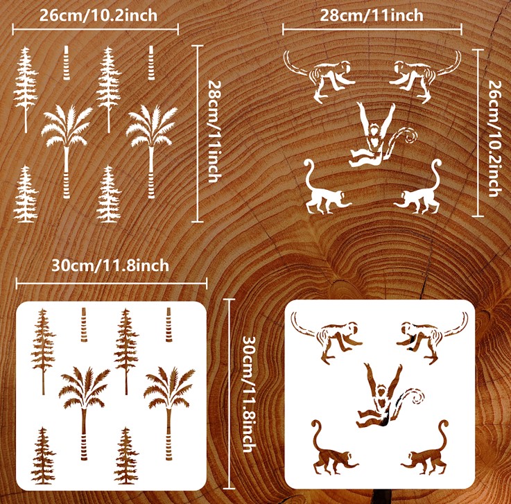 Pochoirs 2 pièces 30x30cm : 1 pochoir singes et 1 pochoir arbres