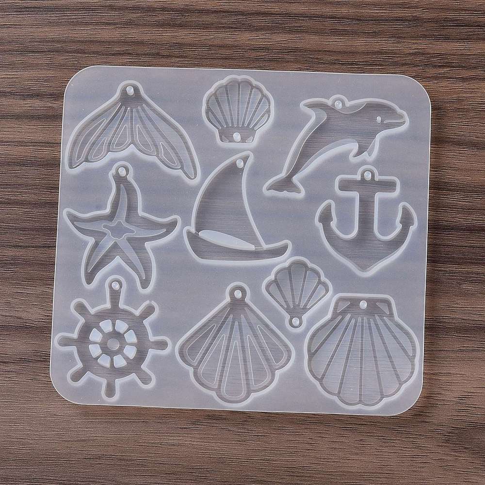[DIY-C077-01A] Moule en silicone, thème marin, ancre, poisson, coquillages, 106x99x4.5mm, trou 1.8mm