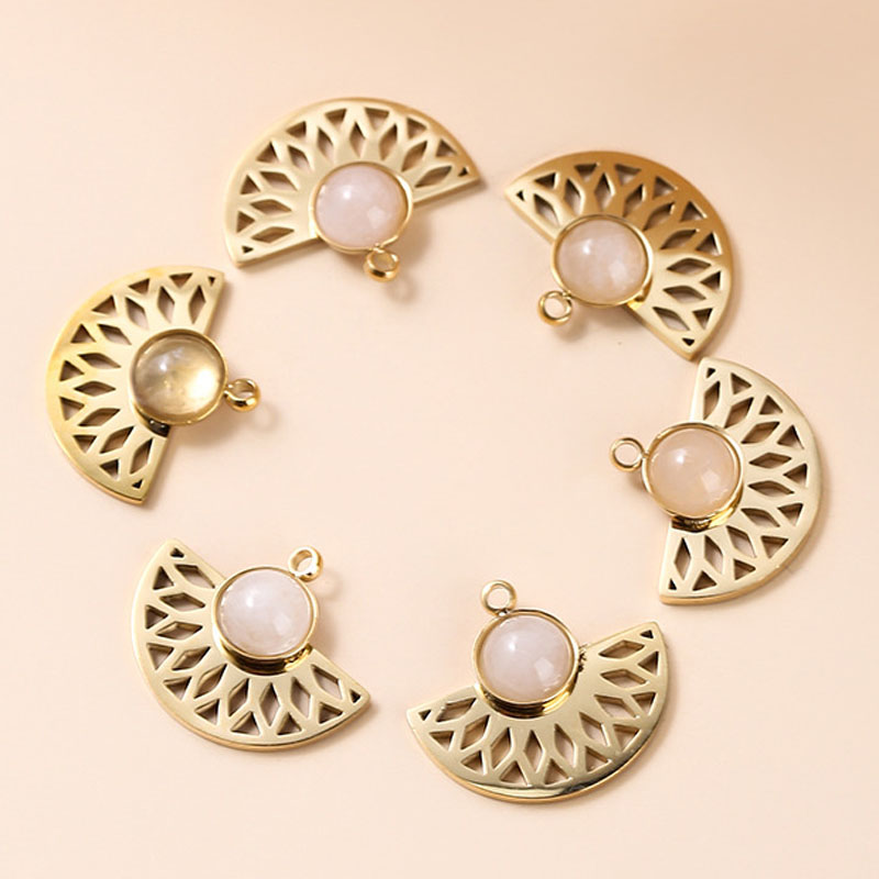 Pendentif INOX doré et quartz rose, 18x15x5mm