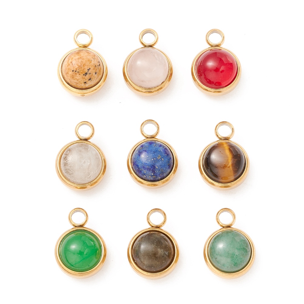 Pendentifs INOX doré et pierre gemme naturelle mixte, demi-rond, 13.5x10x7.5mm trou 2.5mm