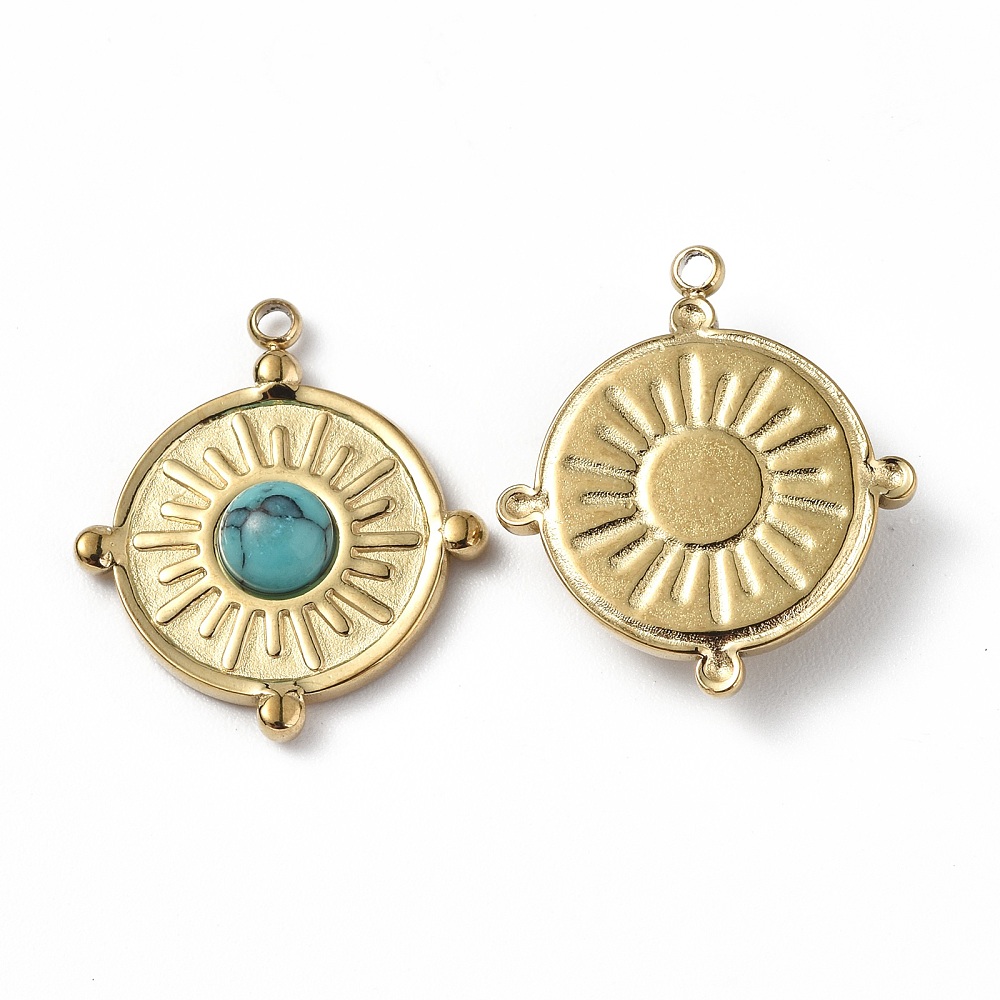 Pendentifs INOX doré et turquoise, plat rond, 20.5x18x4mm, trou: 1.2mm