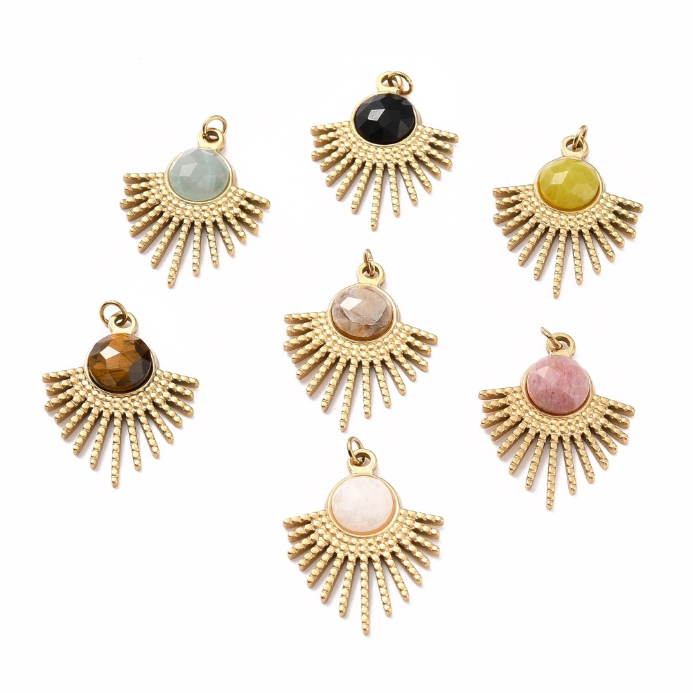 Pendentifs INOX doré, placage ionique, pierres semi-précieuses, soleil, 26x20.5x4.5mm, trou: 2.5mm
