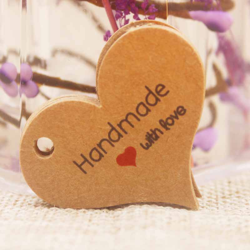 [CDIS-P001-B03-B] Etiquettes en carton "handmade with love", kraft, coeur, 32x39x0.4mm, trou: 4mm x 100 pièces