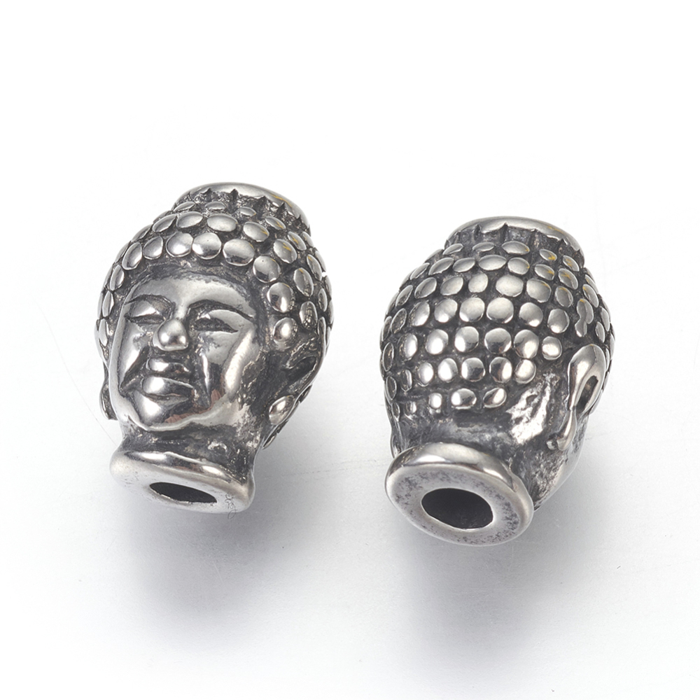 Perle INOX argenté, tête de Bouddha, 10x13x9mm, trou 3mm